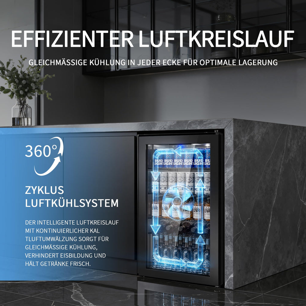 Airfish Getränkekühlschrank mit Glasfront 86L für 130 Dosen, Mini-Kühlschrank mit verstellbaren Regalen für Bier, Wein & Getränke, Ideal für Haushalt, Bar, Büro