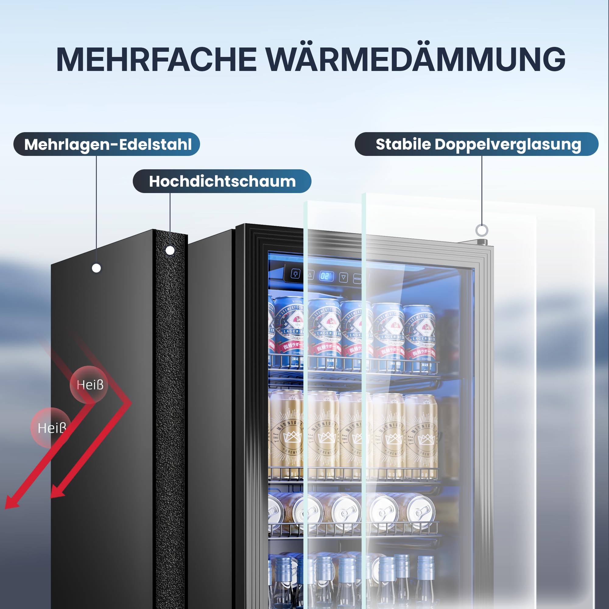 TRIUMPHKEY 90L Mini-Kühlschrank mit Glasfront (Glastür), Kompakter Getränkekühlschrank für bis zu 128 Dosen, mit verstellbaren Regalen für Bier, Wein, Soda, Ideal für Haushalt, Bar, Büro, Wohnung