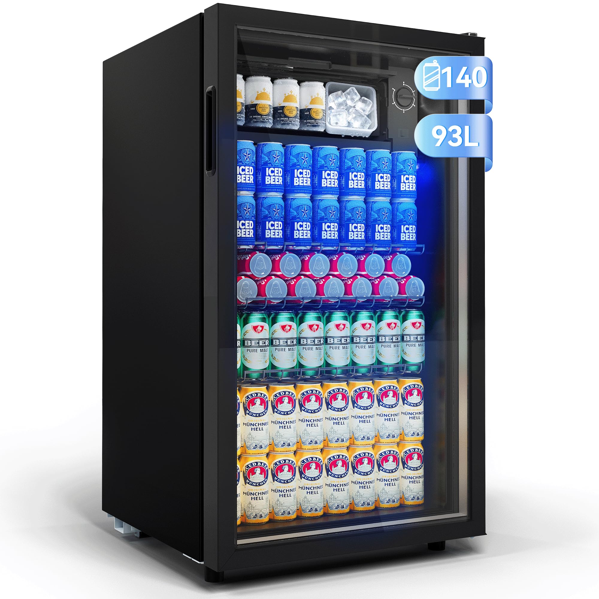 TRIUMPHKEY 93L Getränkekühlschrank,Mini-Kühlschrank für 140 Dosen, mit Glastür kleiner Kühlschrank,LED | 3 Verstellbare Ablageböden für Soda/Bier/Wein | Perfekt für Homebar, Partys, Gastronomie