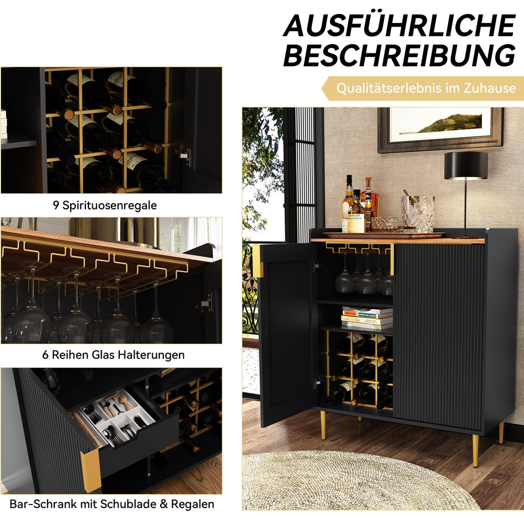HOLTICO Weinschrank mit Weinregalen für 9 Flaschen, Barschrank Moderne Kaffeetresen-Schrank, Alkoholschrank Flaschenregal Holz, Sideboard-Buffetschrank für Küche, Esszimmer, Wohnzimmer