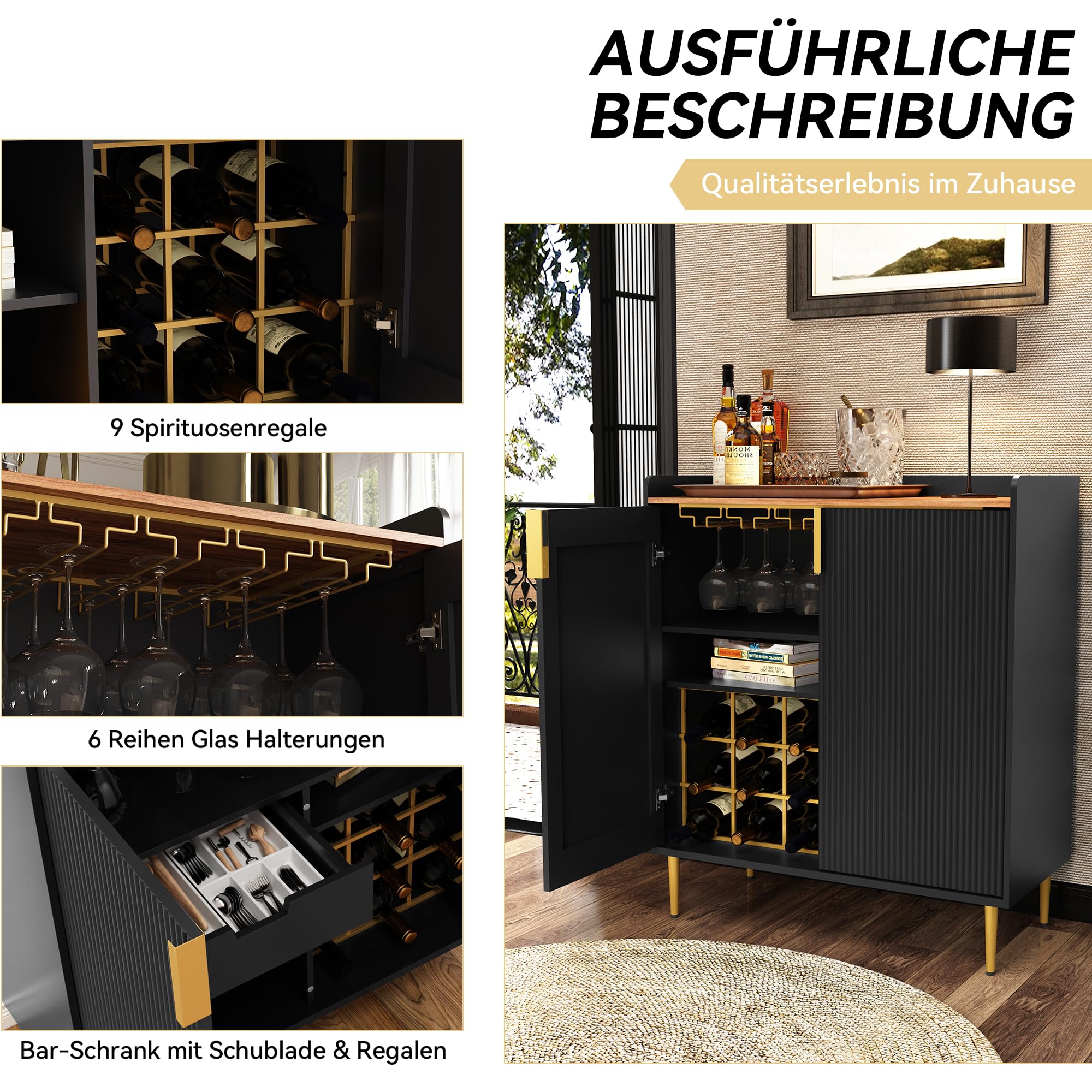 HOLTICO Weinschrank mit Weinregalen für 9 Flaschen, Barschrank Moderne Kaffeetresen-Schrank, Alkoholschrank Flaschenregal Holz, Sideboard-Buffetschrank für Küche, Esszimmer, Wohnzimmer