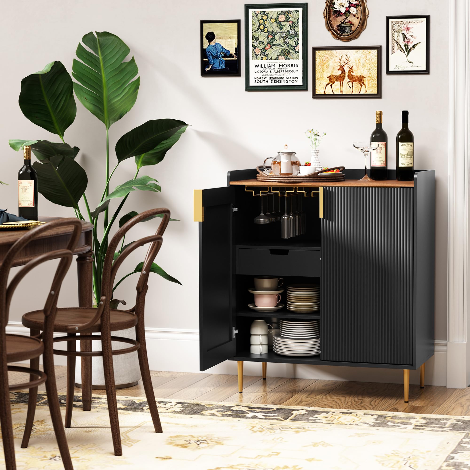 HOLTICO Weinschrank mit Weinregalen für 9 Flaschen, Barschrank Moderne Kaffeetresen-Schrank, Alkoholschrank Flaschenregal Holz, Sideboard-Buffetschrank für Küche, Esszimmer, Wohnzimmer