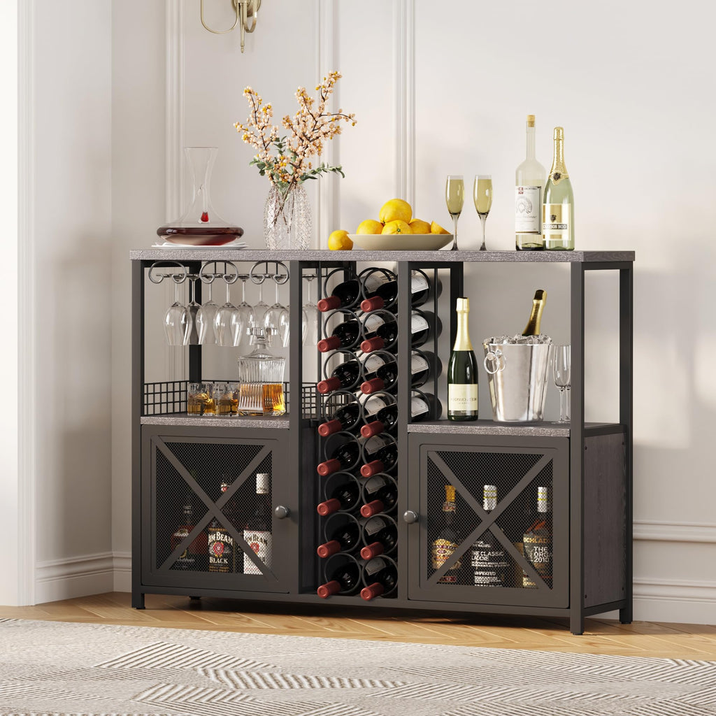 Homeiju Mini-Bars für Zuhause, Kaffee-Barschrank, moderner Likörschrank für Likör und Gläser, Bauernhaus-Buffet-Weinbarschrank mit Stauraum, Sideboard für Zuhause, Küche, Esszimmer (Dunkelgrau)