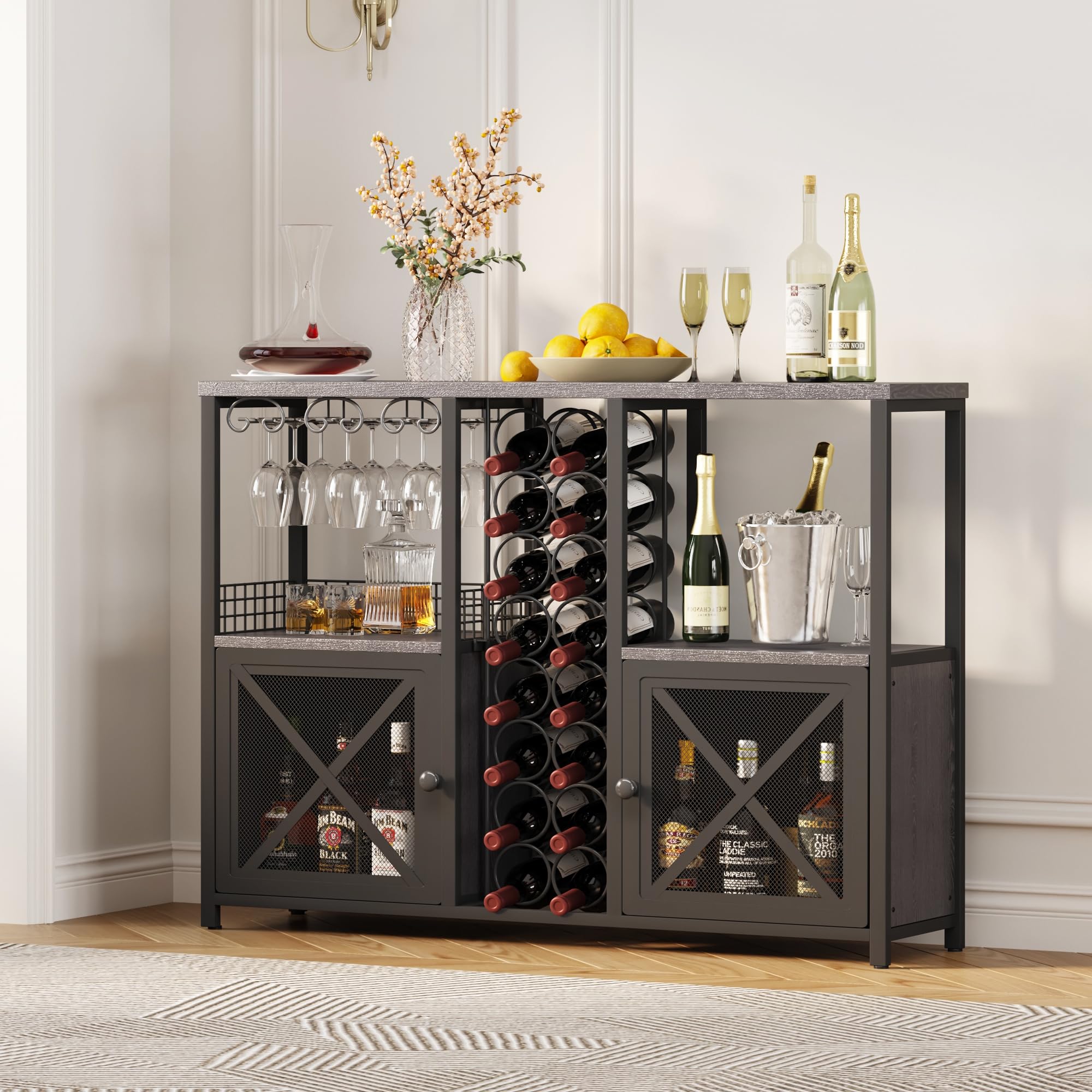 Homeiju Mini-Bars für Zuhause, Kaffee-Barschrank, moderner Likörschrank für Likör und Gläser, Bauernhaus-Buffet-Weinbarschrank mit Stauraum, Sideboard für Zuhause, Küche, Esszimmer (Dunkelgrau)