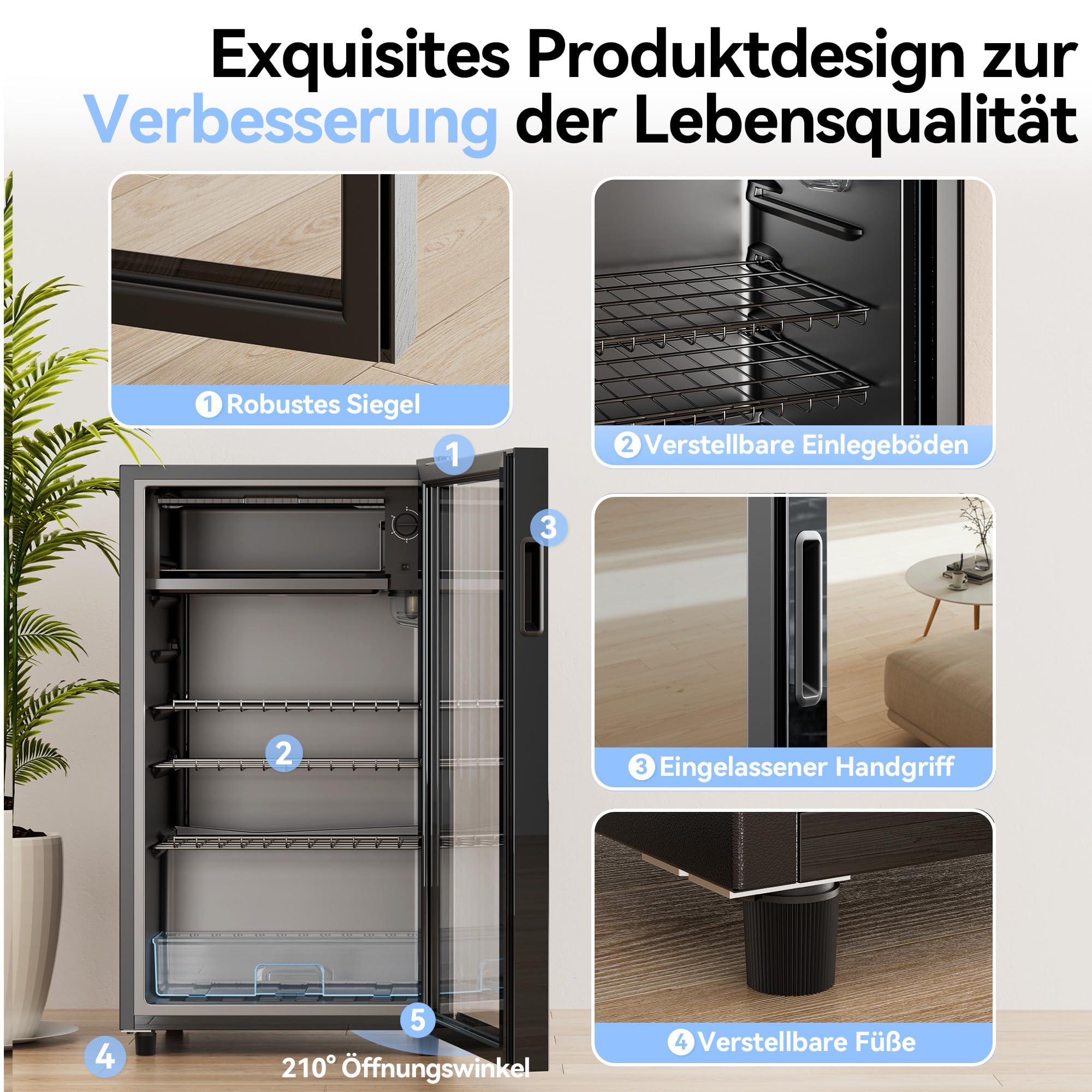 TRIUMPHKEY 93L Getränkekühlschrank,Mini-Kühlschrank für 140 Dosen, mit Glastür kleiner Kühlschrank,LED | 3 Verstellbare Ablageböden für Soda/Bier/Wein | Perfekt für Homebar, Partys, Gastronomie