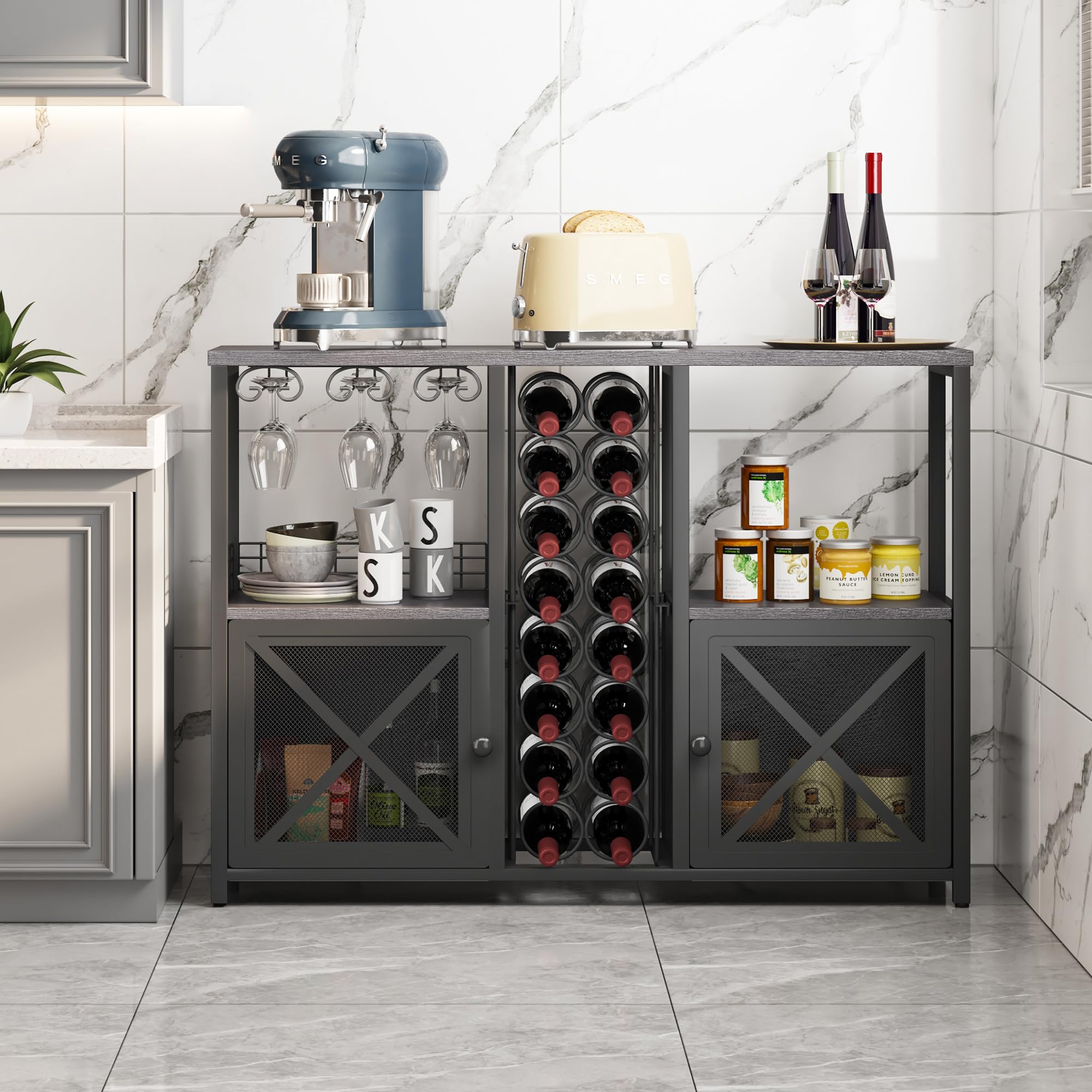 Homeiju Mini-Bars für Zuhause, Kaffee-Barschrank, moderner Likörschrank für Likör und Gläser, Bauernhaus-Buffet-Weinbarschrank mit Stauraum, Sideboard für Zuhause, Küche, Esszimmer (Dunkelgrau)