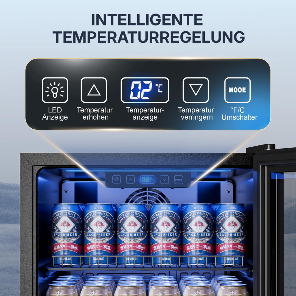 TRIUMPHKEY 90L Mini-Kühlschrank mit Glasfront (Glastür), Kompakter Getränkekühlschrank für bis zu 128 Dosen, mit verstellbaren Regalen für Bier, Wein, Soda, Ideal für Haushalt, Bar, Büro, Wohnung
