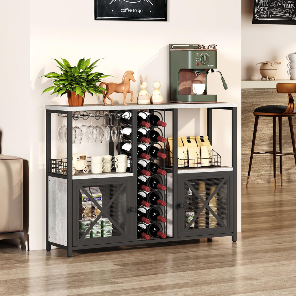 Homeiju Mini-Bars für Zuhause, Kaffee-Barschrank, moderner Likörschrank für Likör und Gläser, Bauernhaus-Buffet-Weinbarschrank mit Stauraum, Sideboard für Zuhause, Küche, Esszimmer (Hellgrau)