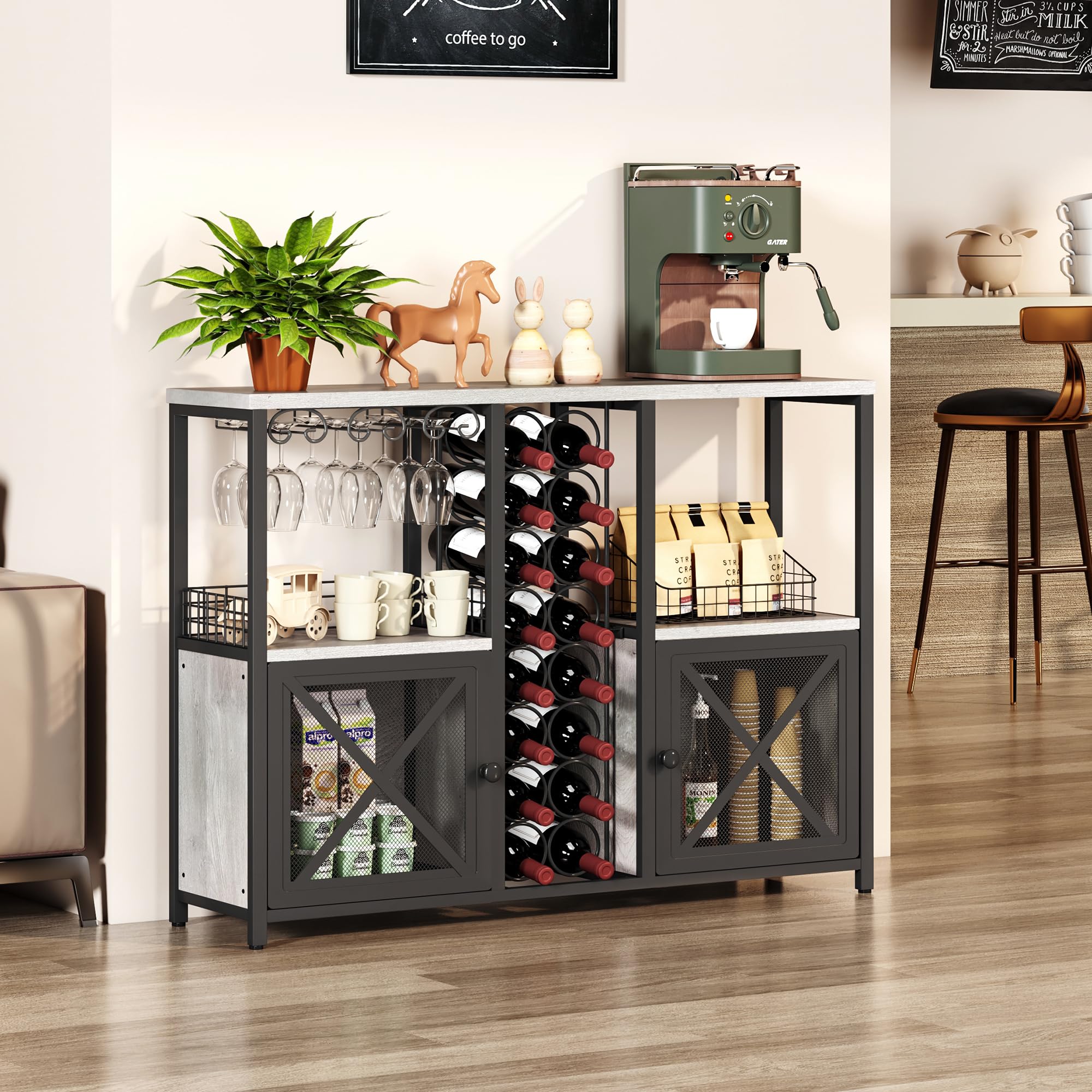 Homeiju Mini-Bars für Zuhause, Kaffee-Barschrank, moderner Likörschrank für Likör und Gläser, Bauernhaus-Buffet-Weinbarschrank mit Stauraum, Sideboard für Zuhause, Küche, Esszimmer (Hellgrau)