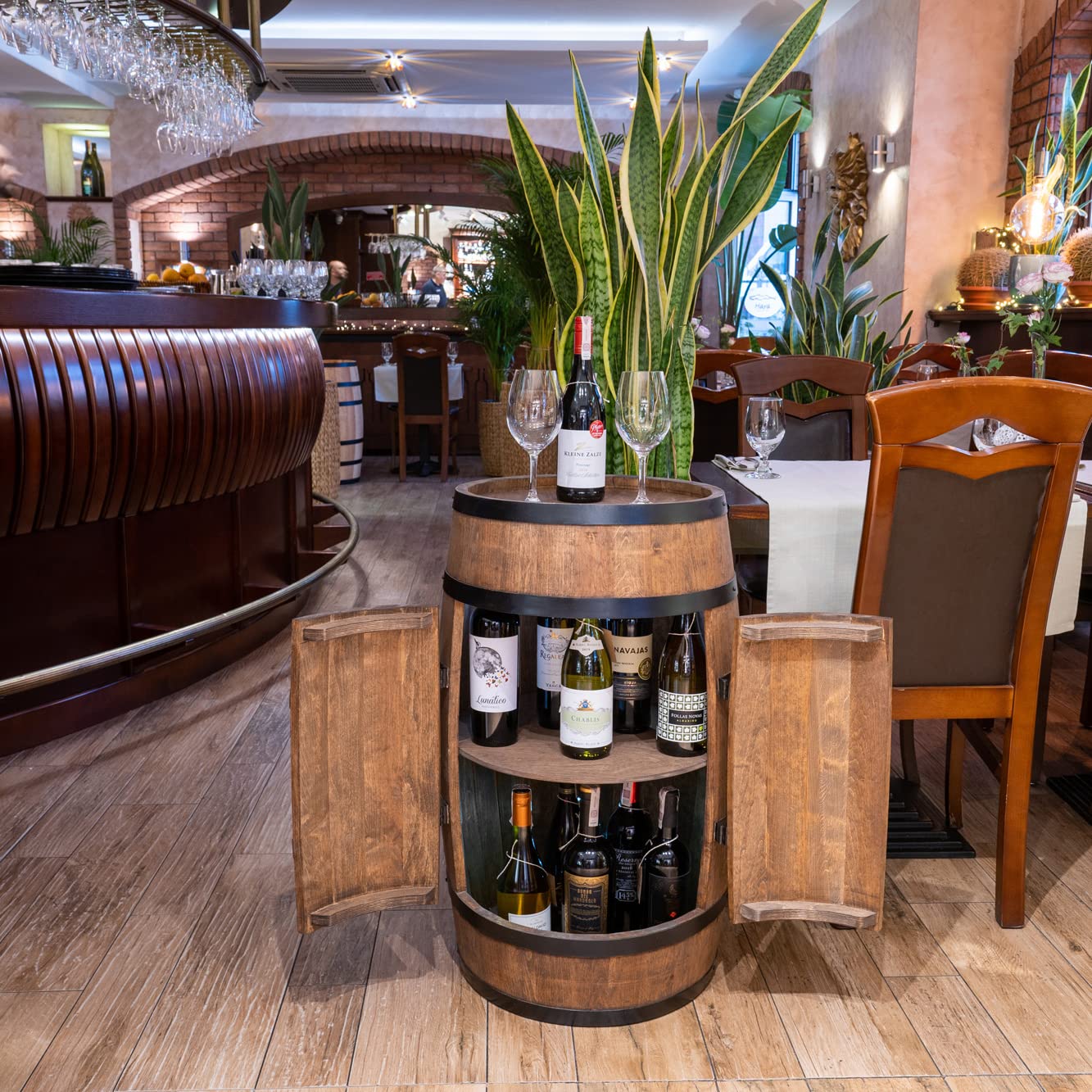 CREATIVE COOPER Weinfass Stehtisch mit Tür - Alkoholschrank Flaschenregal Holz Regale - Holzfass - Fassmöbel - Wine Rack - Wineregal - Weinbar - Fass bar mit Tür - Fassbar minibar 80Cm High (Wenge)