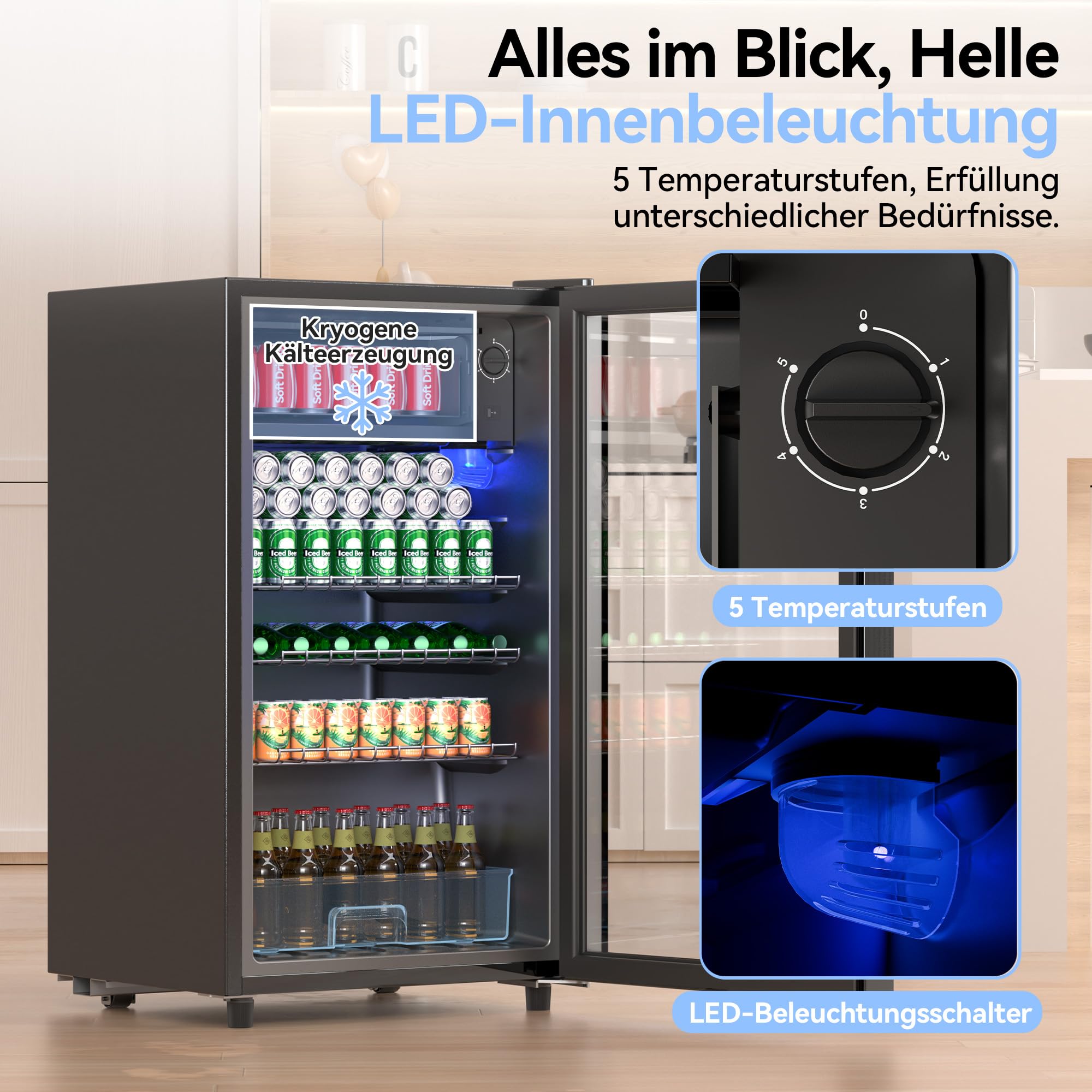 TRIUMPHKEY 93L Getränkekühlschrank,Mini-Kühlschrank für 140 Dosen, mit Glastür kleiner Kühlschrank,LED | 3 Verstellbare Ablageböden für Soda/Bier/Wein | Perfekt für Homebar, Partys, Gastronomie