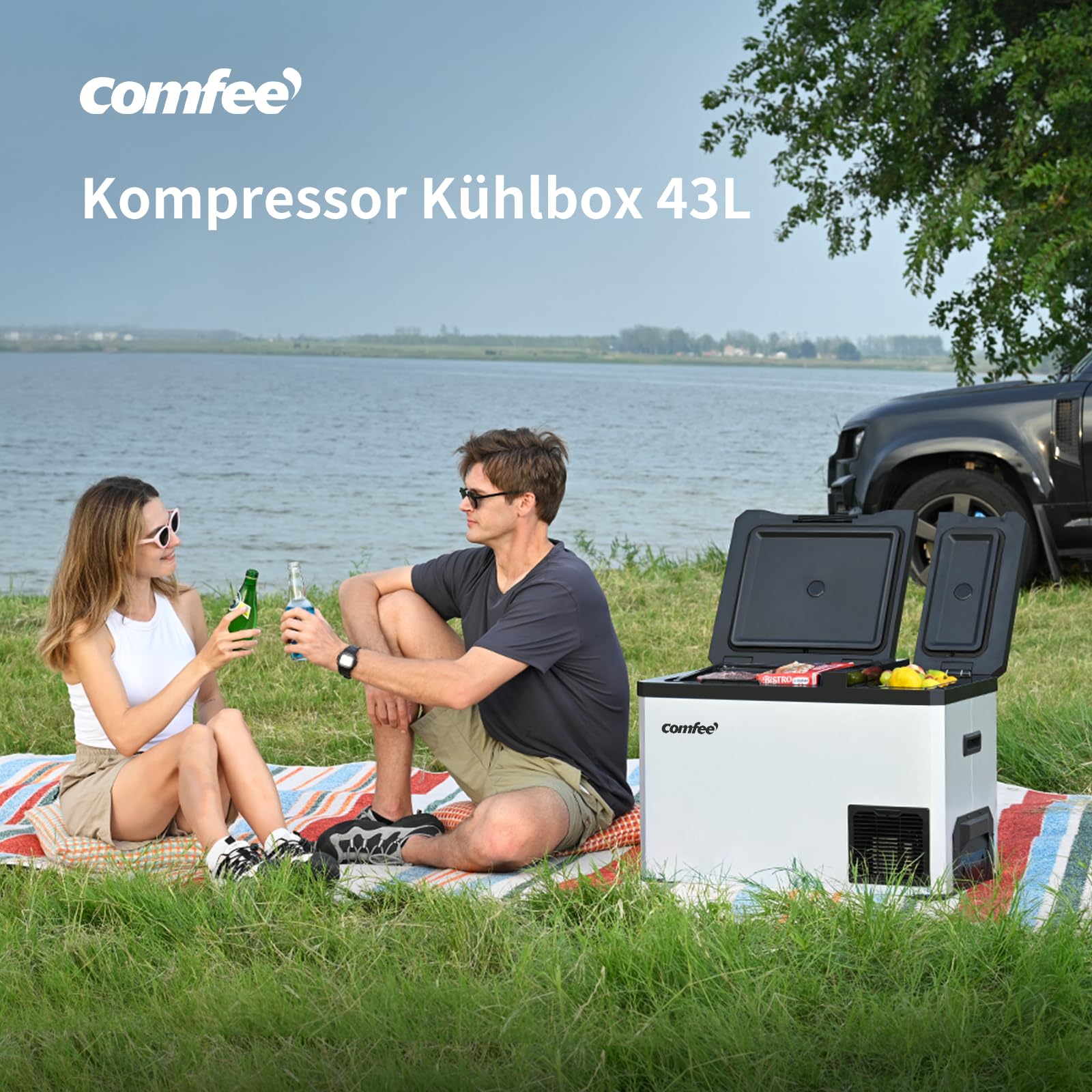 Comfee RCP43DS3(E) 43L Kompressor-Kühlbox Dual-Zonen, elektronische Steuerung, LED-Licht, ECO-Modus, geräuscharm, geeignet für Zuhause und Outdoor, 12/24V DC und 100-240V AC Stromversorgung