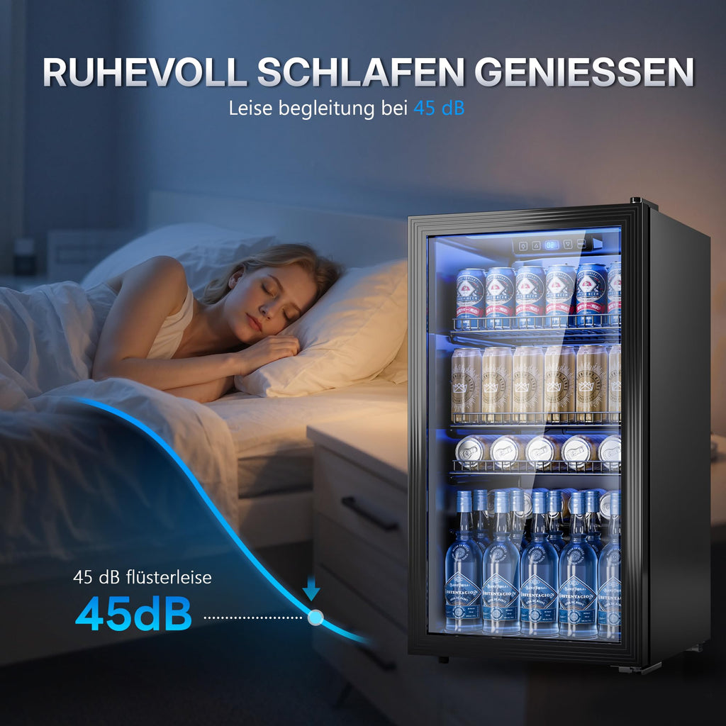TRIUMPHKEY 90L Mini-Kühlschrank mit Glasfront (Glastür), Kompakter Getränkekühlschrank für bis zu 128 Dosen, mit verstellbaren Regalen für Bier, Wein, Soda, Ideal für Haushalt, Bar, Büro, Wohnung