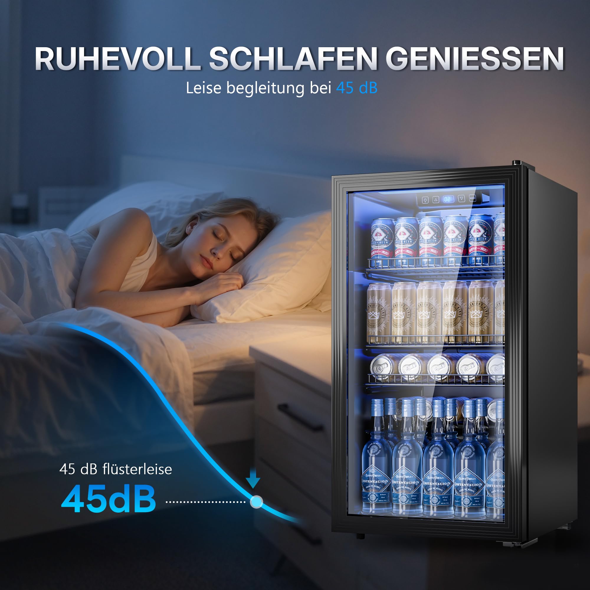 TRIUMPHKEY 90L Mini-Kühlschrank mit Glasfront (Glastür), Kompakter Getränkekühlschrank für bis zu 128 Dosen, mit verstellbaren Regalen für Bier, Wein, Soda, Ideal für Haushalt, Bar, Büro, Wohnung