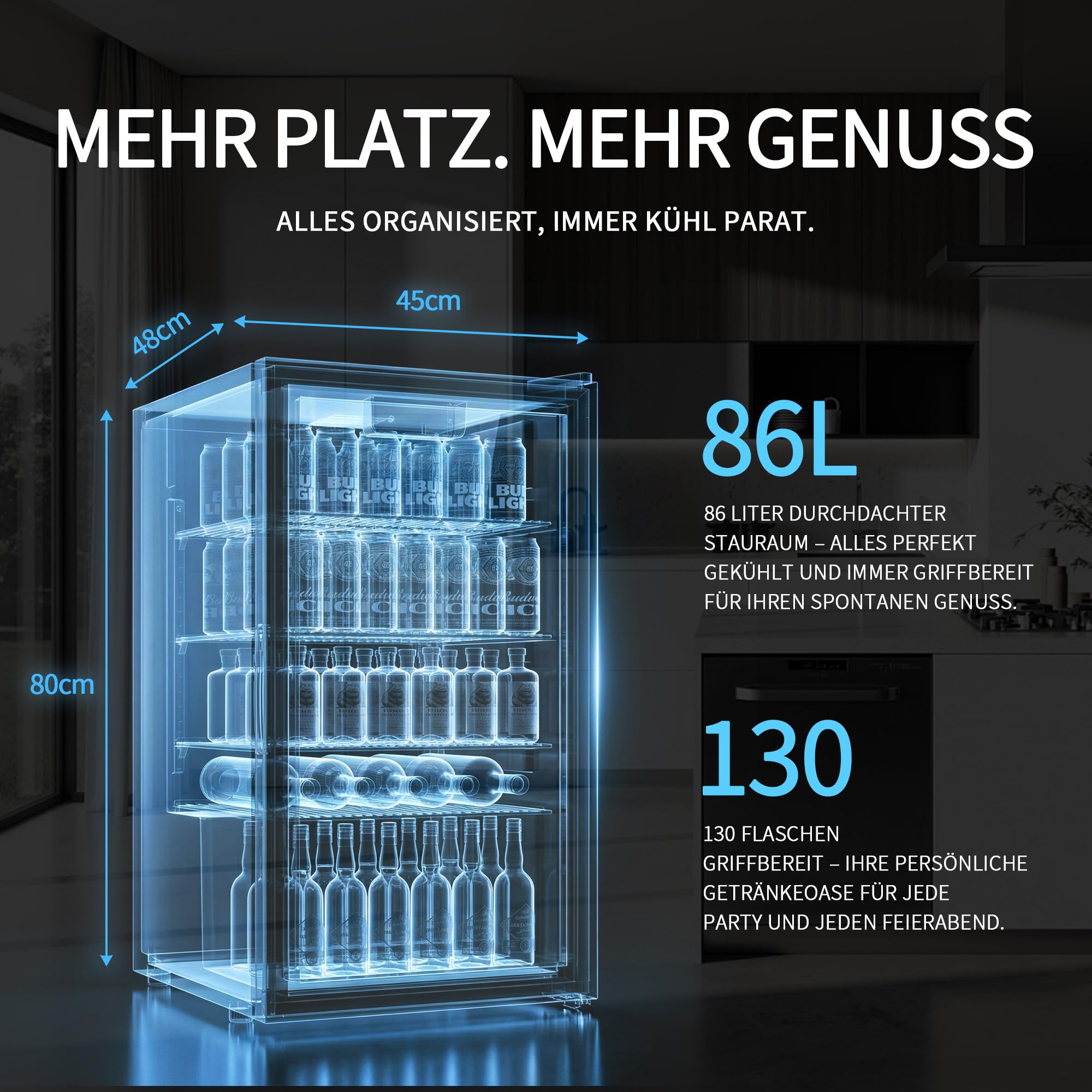 Airfish Getränkekühlschrank mit Glasfront 86L für 130 Dosen, Mini-Kühlschrank mit verstellbaren Regalen für Bier, Wein & Getränke, Ideal für Haushalt, Bar, Büro