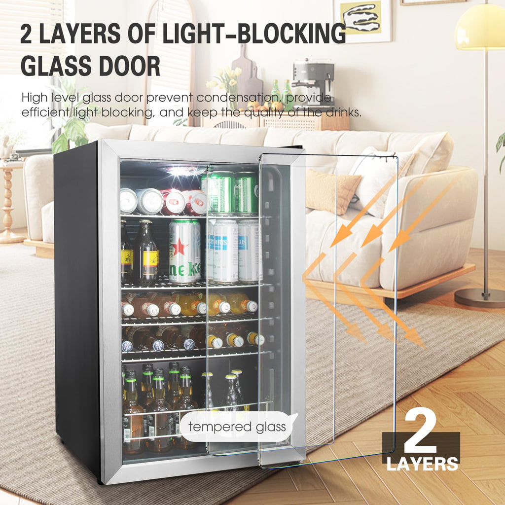 HCK Bierkühlschrank 115L Freistehender Getränkekühlschrank mit doppelt verglaster Glastür, Temperatur von 0 bis 10℃, Energieklasse E