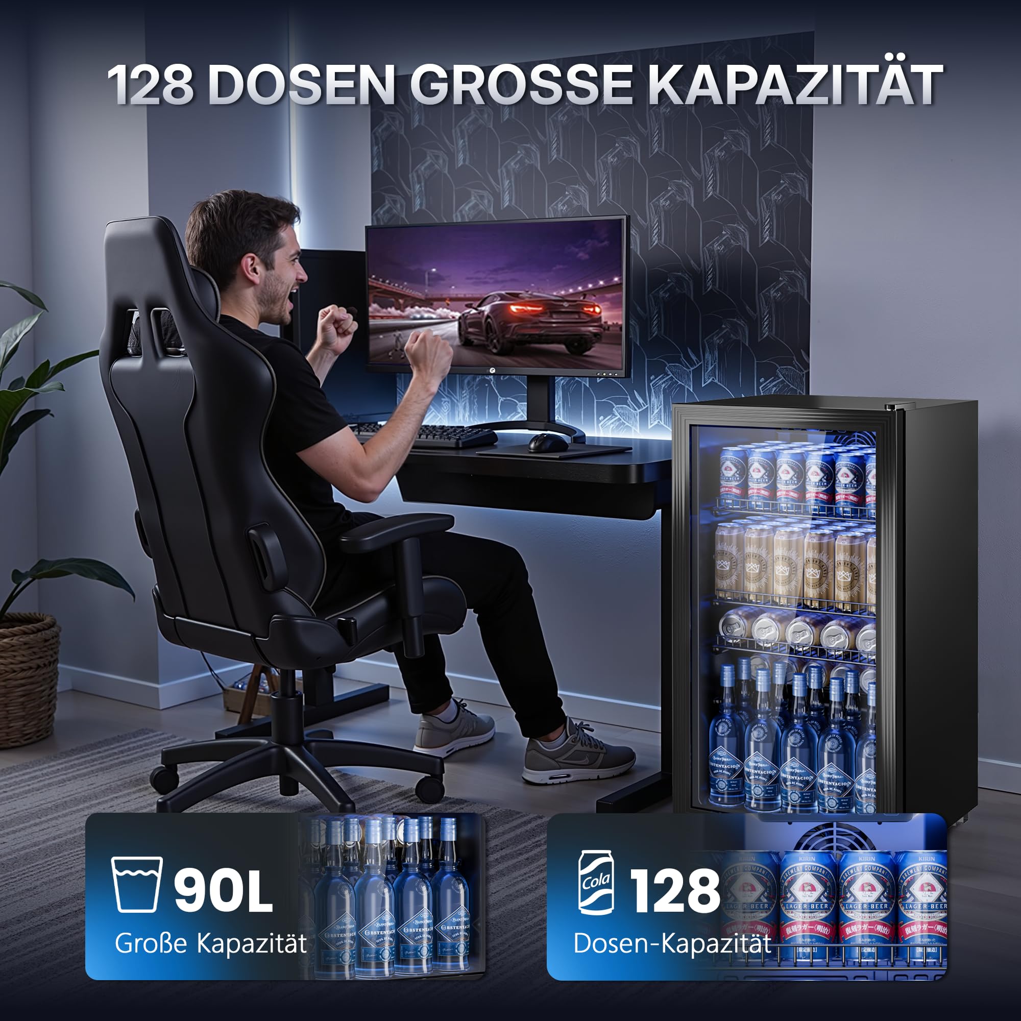 TRIUMPHKEY 90L Mini-Kühlschrank mit Glasfront (Glastür), Kompakter Getränkekühlschrank für bis zu 128 Dosen, mit verstellbaren Regalen für Bier, Wein, Soda, Ideal für Haushalt, Bar, Büro, Wohnung