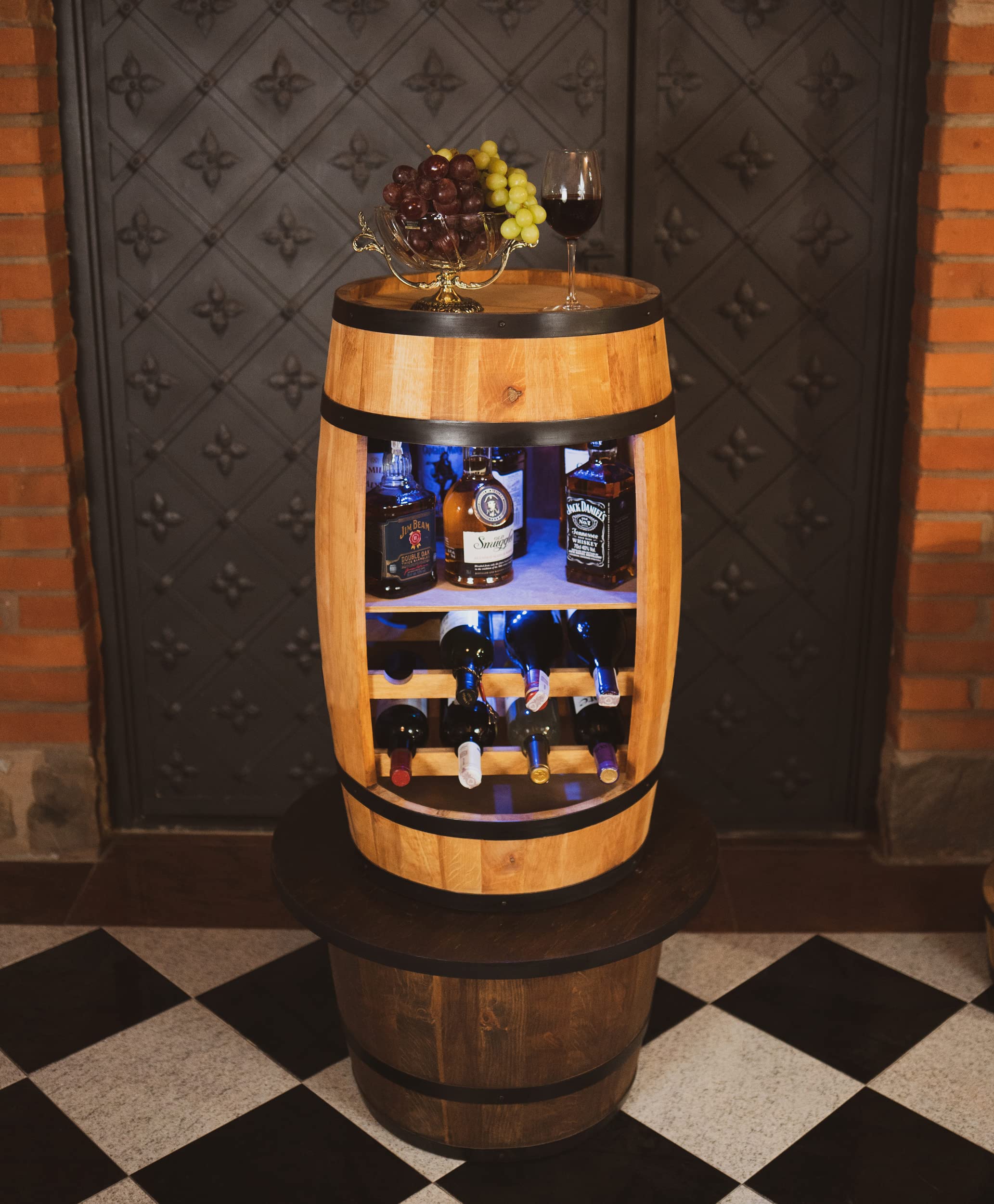 CREATIVE COOPER Weinregal - Weinschrank Mini Bar - Alkohol Schrank mit LED - Weinfass - Fass bar - Weinbar - Fassbar - Barschrank - 80cm hoch - Retro deko Bar Regal - Hausbar Theke - Fassmöbel Eiche