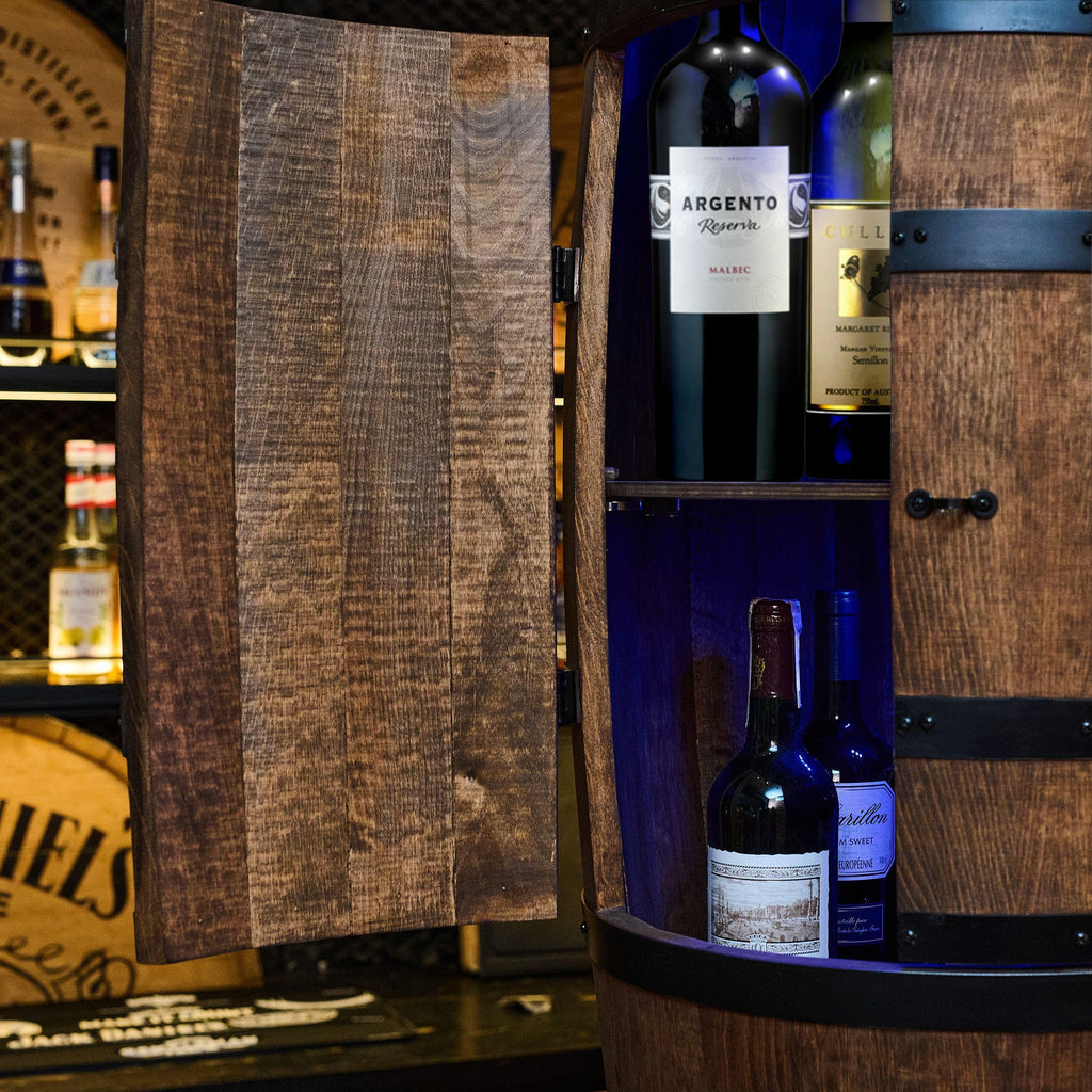 CREATIVE COOPER Weinregal Holz mit Tür mit LED RGB - Alkoholschrank Flaschenregal Holz - Holzfass - Fassmöbel - Weinständer - Weinfass - Weinbar - Fass bar mit Tür - minibar 80 cm High (wenge)