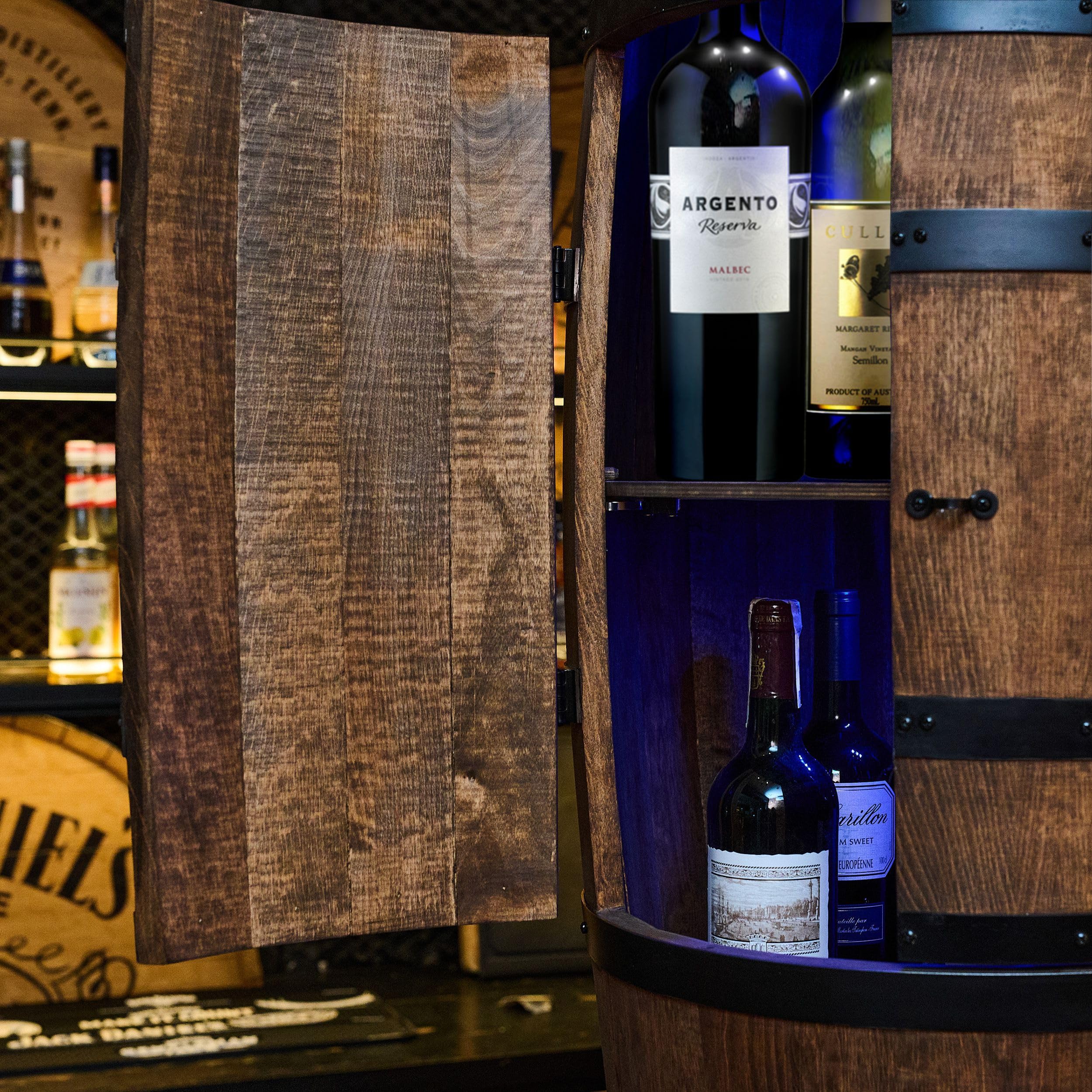 CREATIVE COOPER Weinregal Holz mit Tür mit LED RGB - Alkoholschrank Flaschenregal Holz - Holzfass - Fassmöbel - Weinständer - Weinfass - Weinbar - Fass bar mit Tür - minibar 80 cm High (wenge)