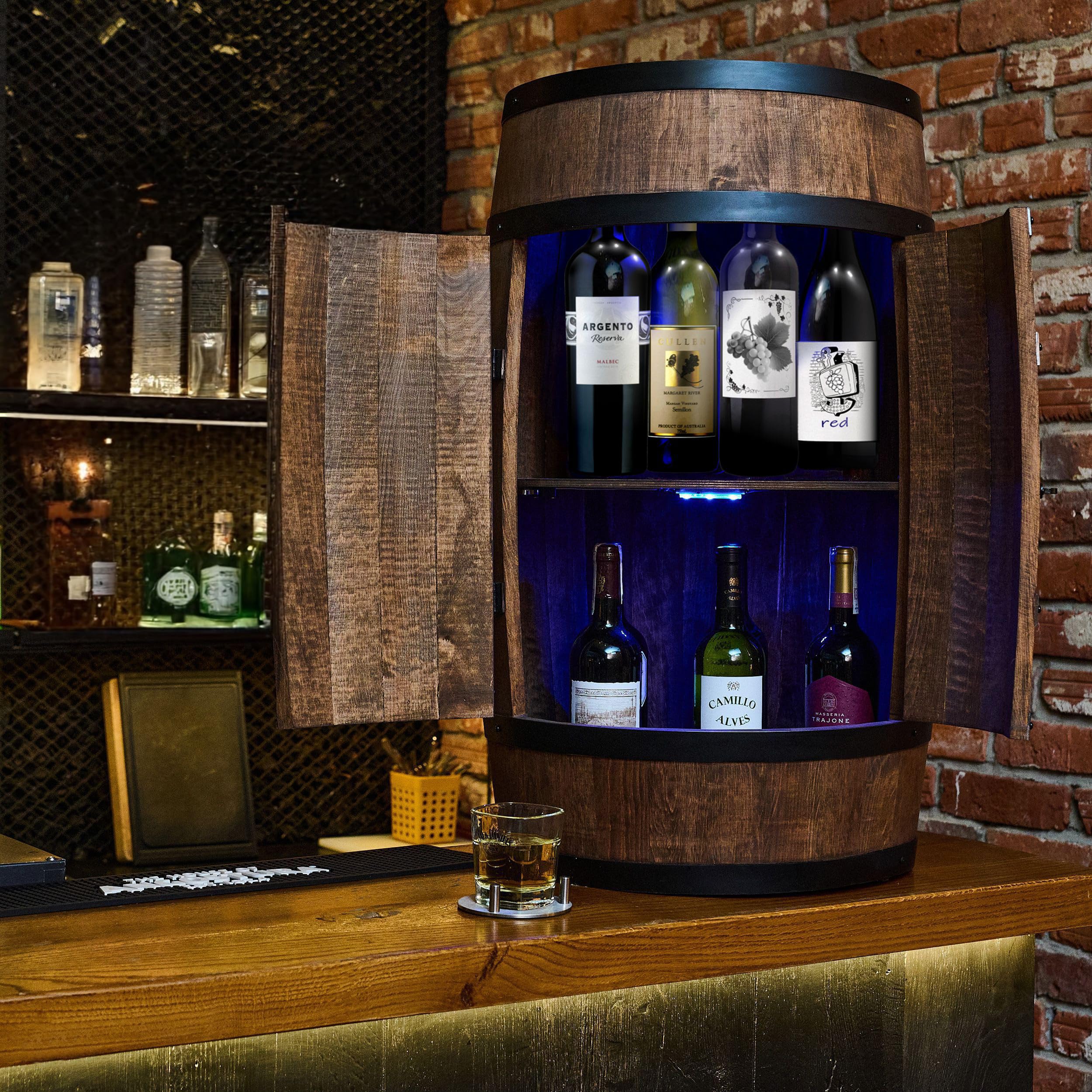 CREATIVE COOPER Weinregal Holz mit Tür mit LED RGB - Alkoholschrank Flaschenregal Holz - Holzfass - Fassmöbel - Weinständer - Weinfass - Weinbar - Fass bar mit Tür - minibar 80 cm High (wenge)