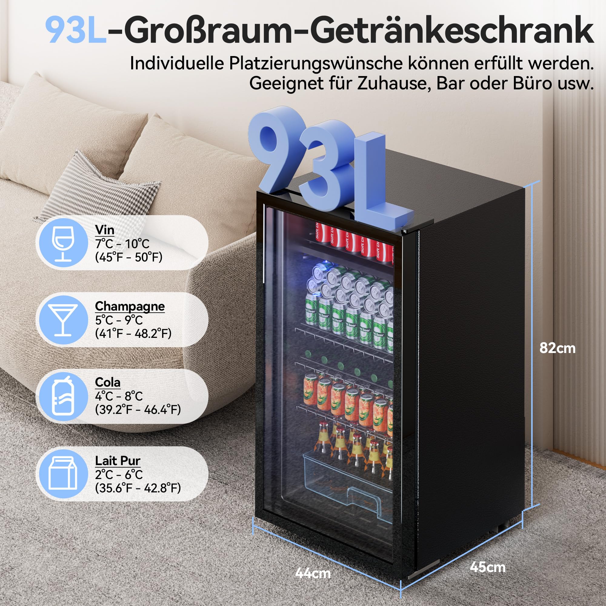 TRIUMPHKEY 93L Getränkekühlschrank,Mini-Kühlschrank für 140 Dosen, mit Glastür kleiner Kühlschrank,LED | 3 Verstellbare Ablageböden für Soda/Bier/Wein | Perfekt für Homebar, Partys, Gastronomie