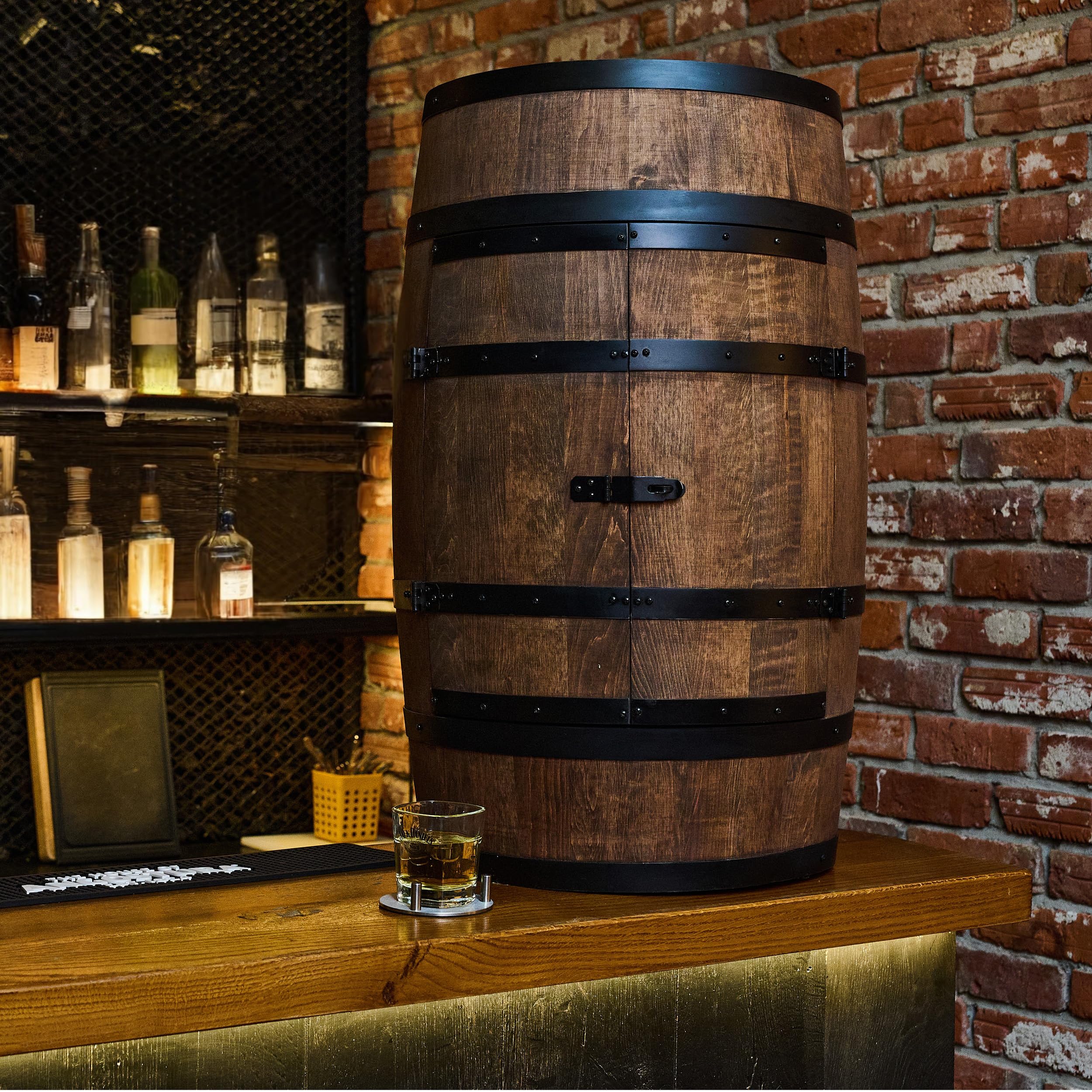 CREATIVE COOPER Weinregal Holz mit Tür mit LED RGB - Alkoholschrank Flaschenregal Holz - Holzfass - Fassmöbel - Weinständer - Weinfass - Weinbar - Fass bar mit Tür - minibar 80 cm High (wenge)