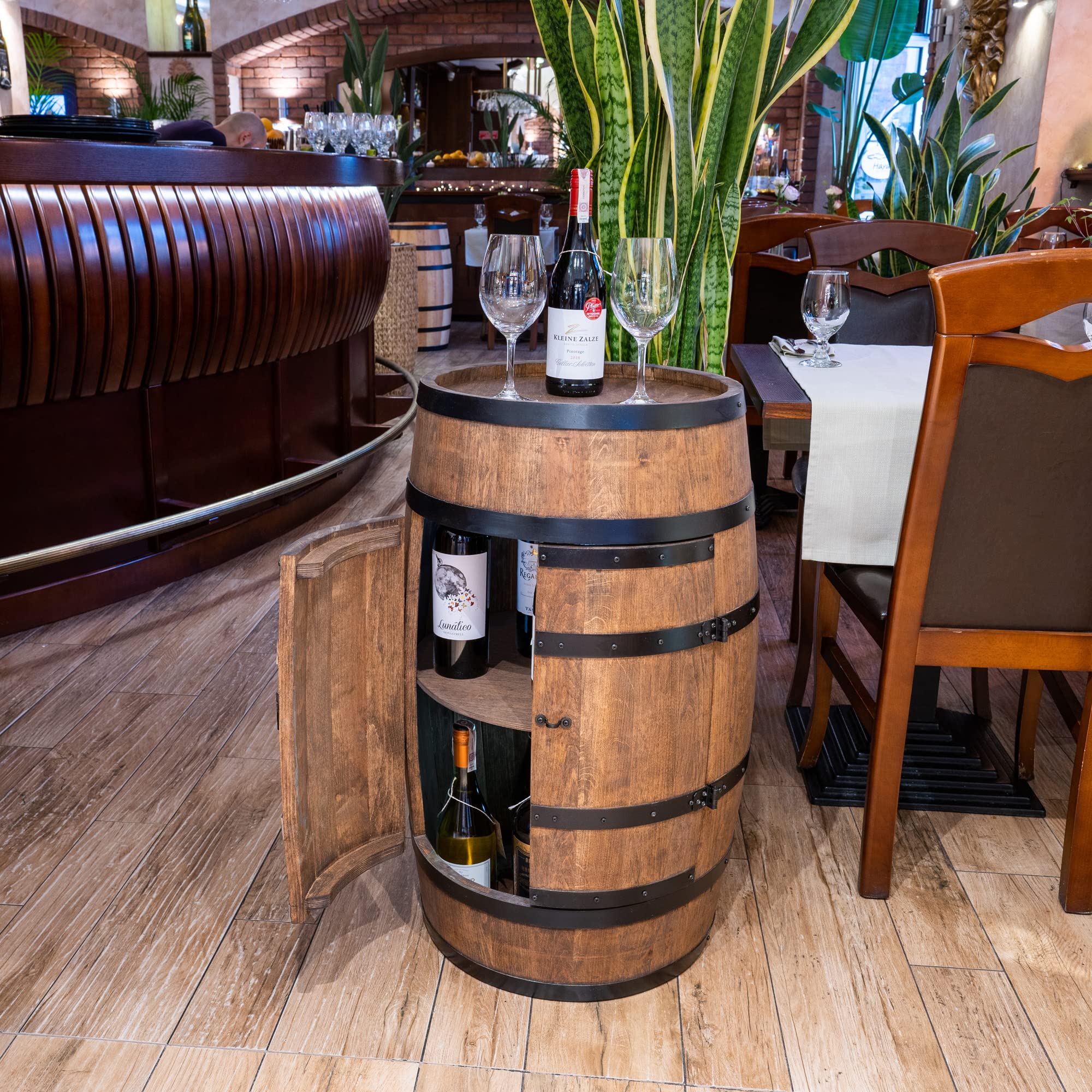 CREATIVE COOPER Weinfass Stehtisch mit Tür - Alkoholschrank Flaschenregal Holz Regale - Holzfass - Fassmöbel - Wine Rack - Wineregal - Weinbar - Fass bar mit Tür - Fassbar minibar 80Cm High (Wenge)