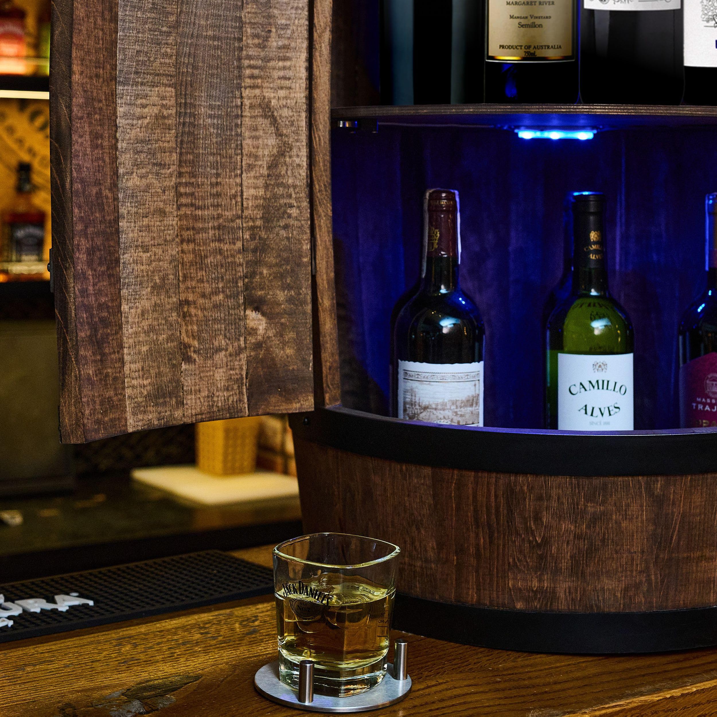 CREATIVE COOPER Weinregal Holz mit Tür mit LED RGB - Alkoholschrank Flaschenregal Holz - Holzfass - Fassmöbel - Weinständer - Weinfass - Weinbar - Fass bar mit Tür - minibar 80 cm High (wenge)