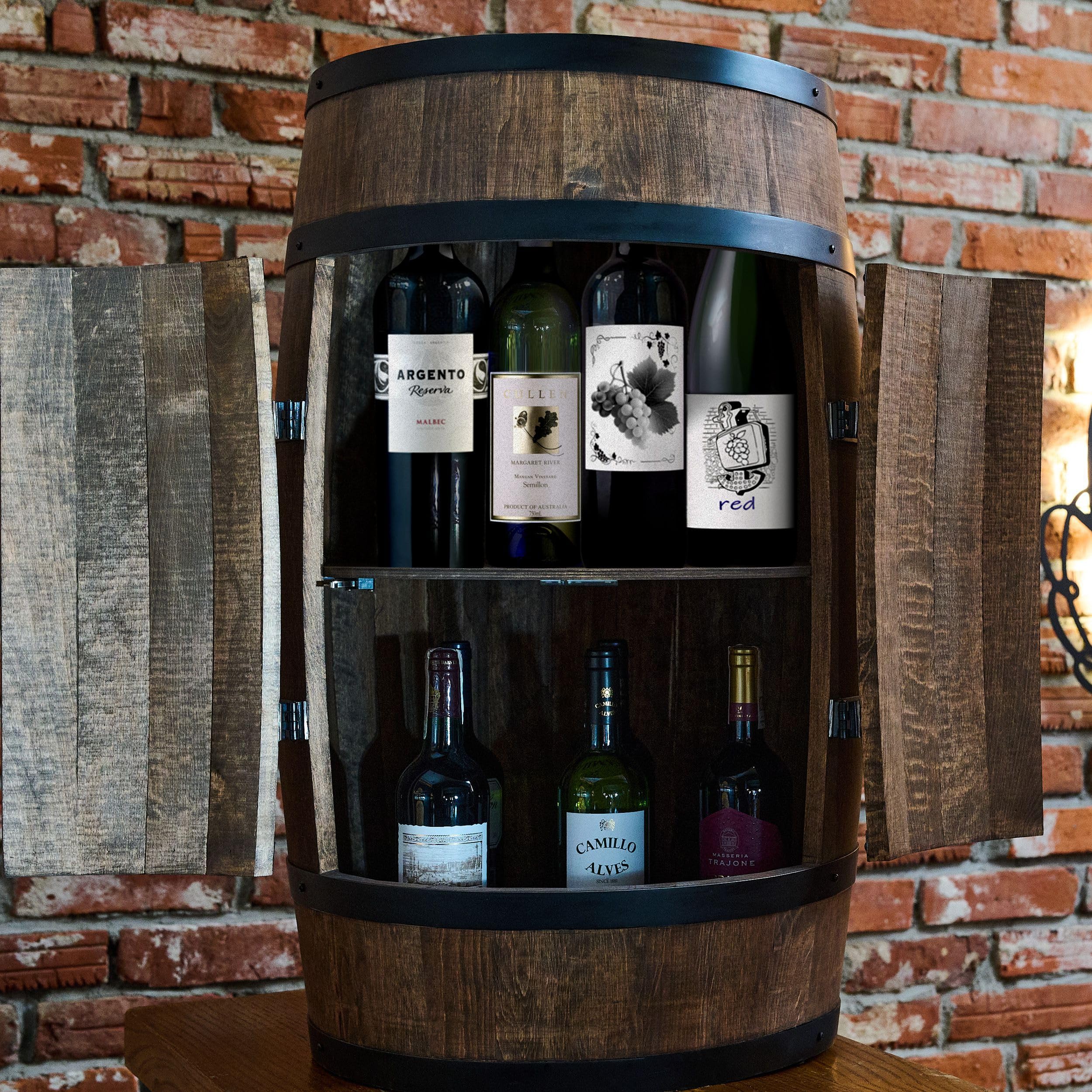 CREATIVE COOPER Weinregal Holz mit Tür mit LED RGB - Alkoholschrank Flaschenregal Holz - Holzfass - Fassmöbel - Weinständer - Weinfass - Weinbar - Fass bar mit Tür - minibar 80 cm High (wenge)
